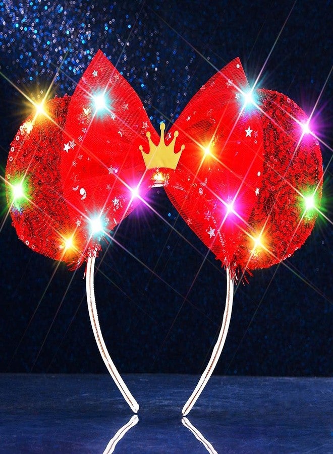 ACEDRE Light Up Mouse Ears Headband Sequin Bow Princess Crown Hair Accessories for Women (D-Red, One Size) - Image 1